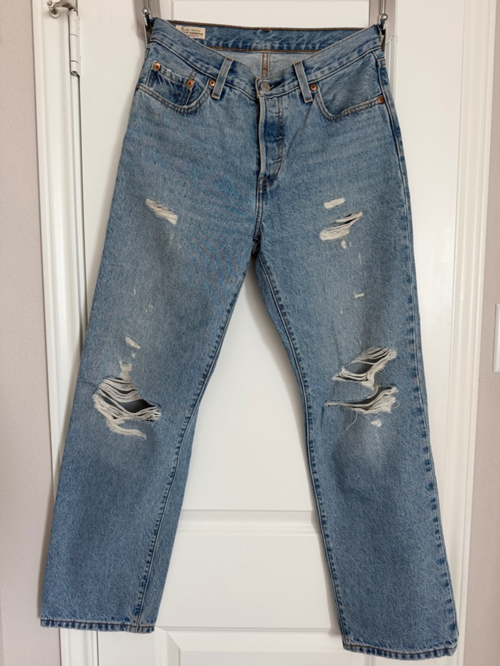 Light Blue Distressed Straight-Leg Jeans